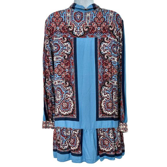 Farm Rio Blue Red White Paisley Collared Button Up Shirt Ruffle Mini Dress sz L - Picture 6 of 16